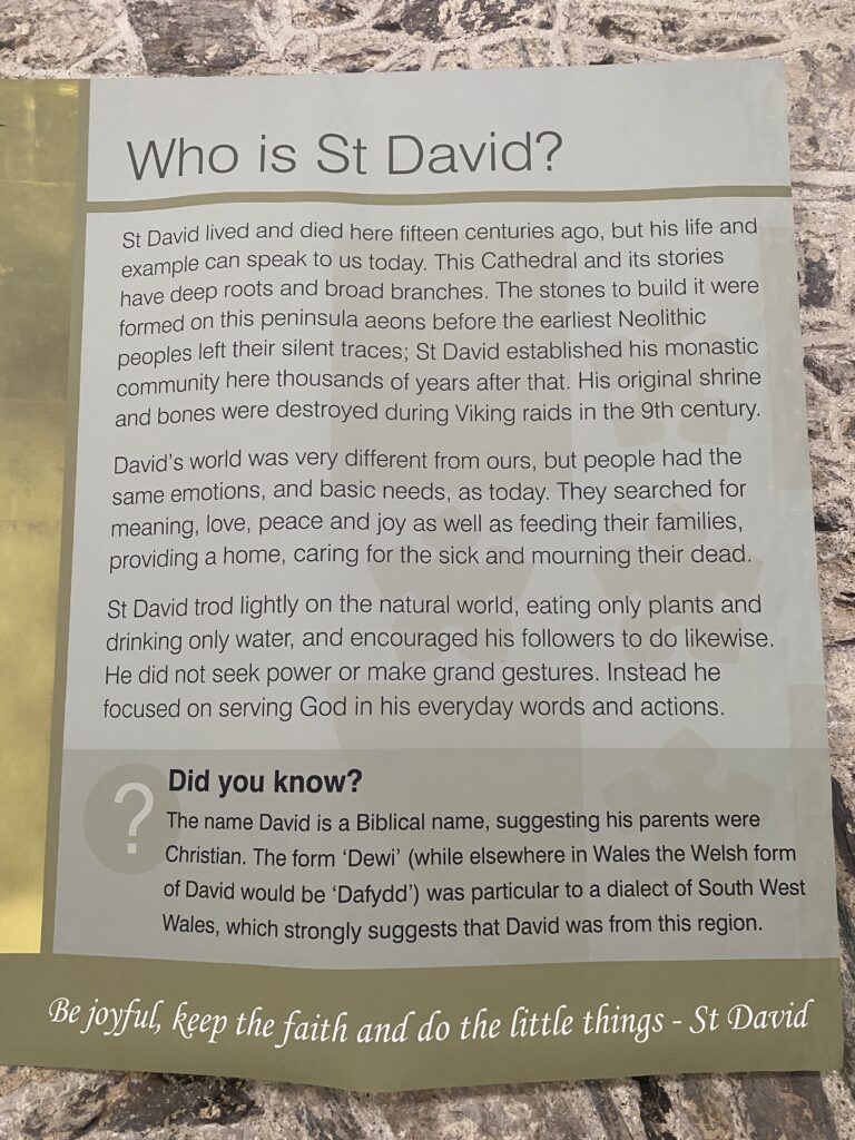 Showing sign from Cathedral 'Who is St David' with descriptions