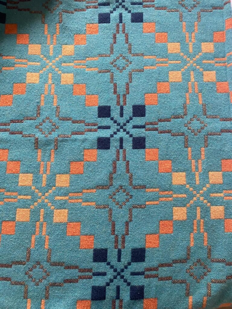 Blue and orange Welsh wool blanket Vintage Star pattern